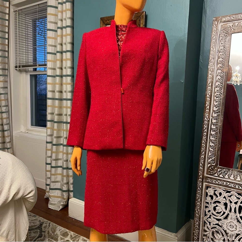 KASPER Red Sparkle Tweed Plaid Petite Skirt Suit - Picture 4 of 17